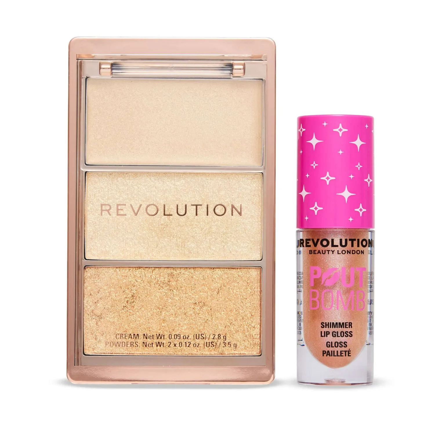 Revolution Golden Glam duo gloss nude et highlighter doré